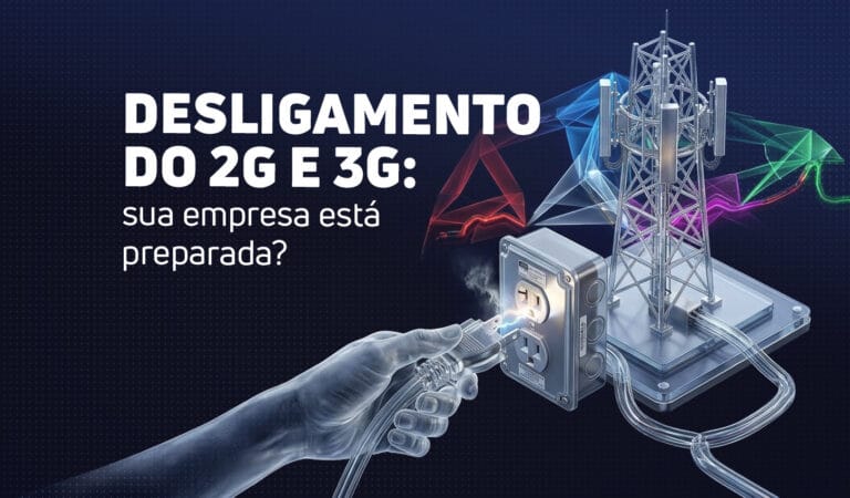 Capa de artigo com o texto "Desligamento do 2G e 3G: sua empresa está preparada?'" Ao lado, a ilustração de uma mão translúcida desconectando um plugue de energia a uma torre de telecomunicações, sobre um fundo azul escuro com linhas digitais coloridas.